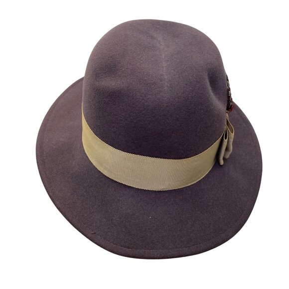 Adolfo Realites Purple Wool Fedora Hat With Beige Ribbon Bow Feather Accent - Picture 3 of 12